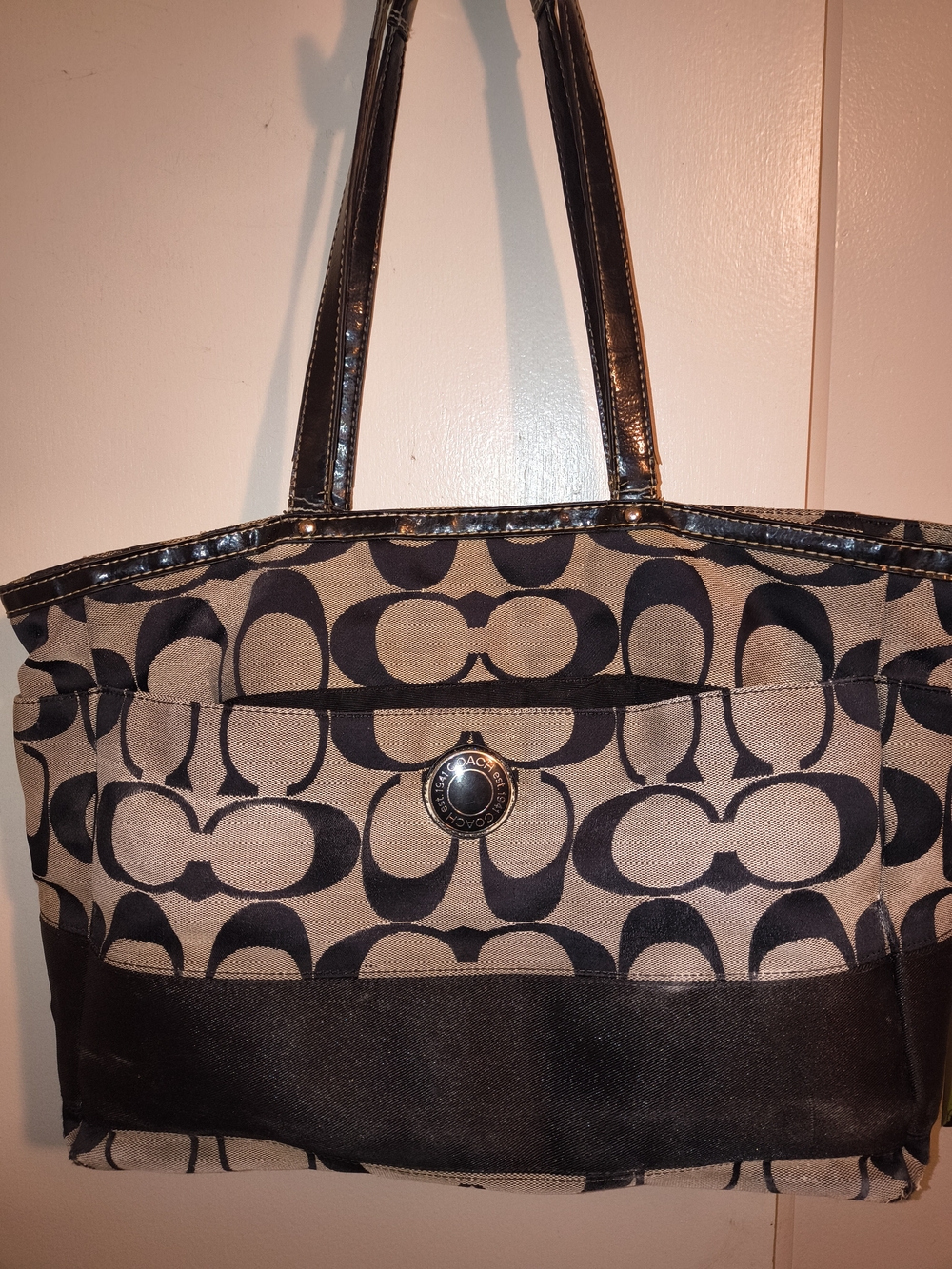 Authentic Coach Tan and Black Signature Canvas Tote